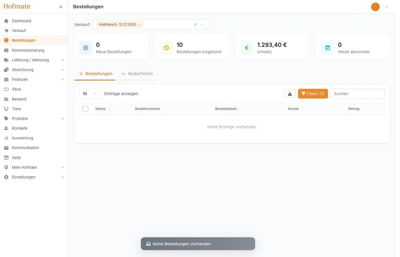 Hofmate Bestellverwaltung